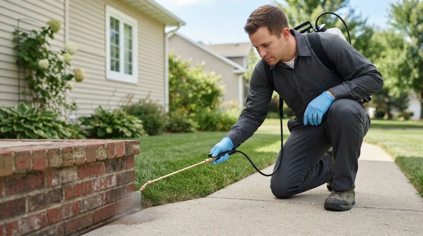 Pest control technician treating a home near La Mirada, CA